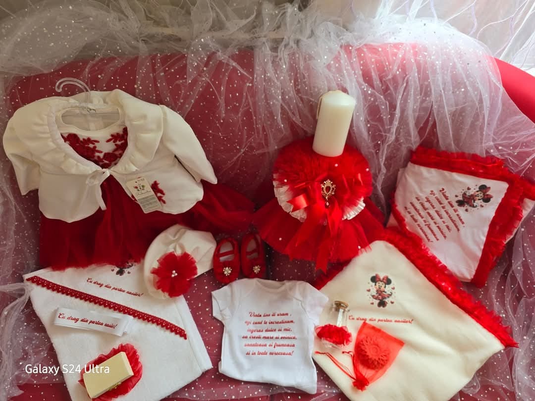 Personalized Baby Girl Christening Set – Red & White Minnie Theme | Custom Outfit, Candle, Towels & Accessories