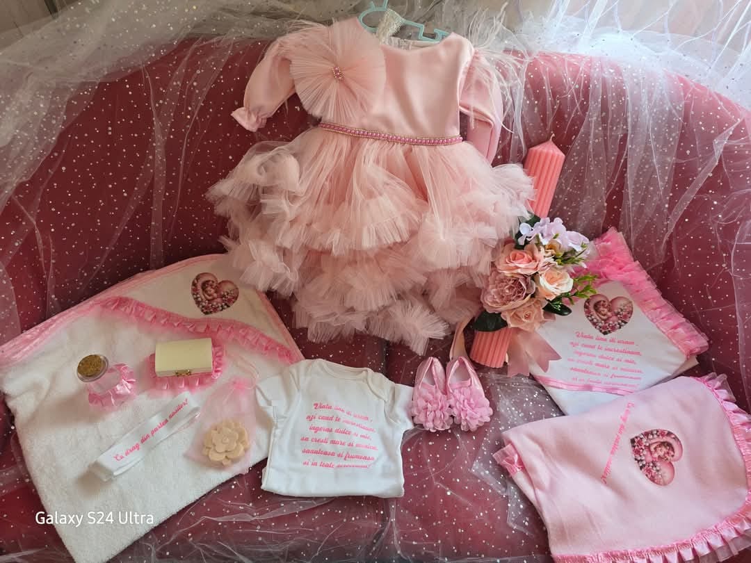 Personalized Baby Girl Christening Set – Luxury Pink Outfit, Candle, Towels & Accessories | Baptism Gift with Name & Date