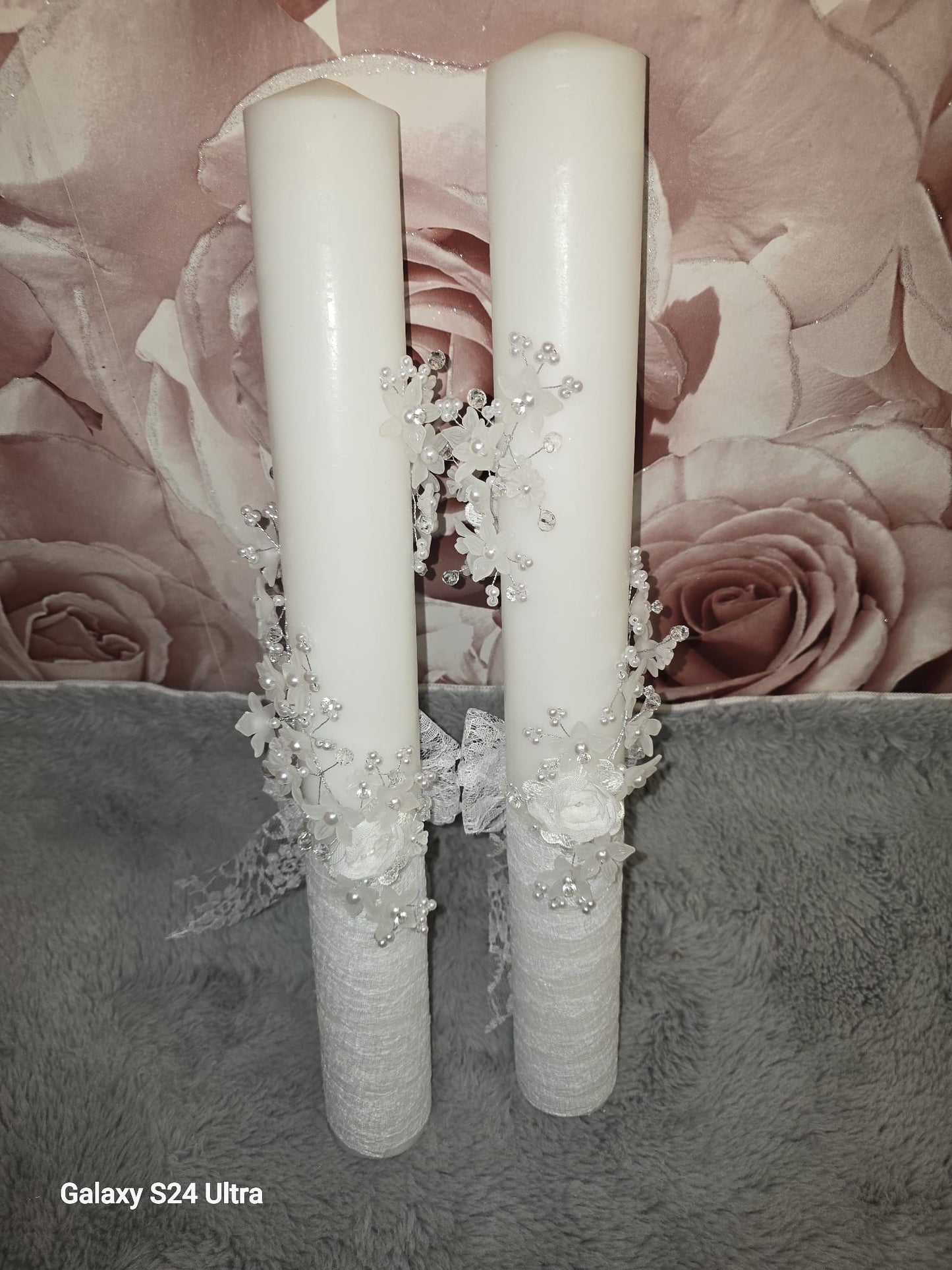 Decorative White Candle Pair with Lace & Pearl Embellishments | Wedding, Baptism or Special Occasion