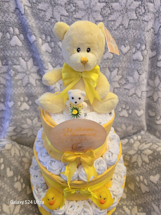 🧸 Yellow Teddy Diaper Cake – “Welcome to the World Baby” 🎁