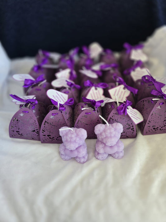 Personalized Teddy Bear Candle Favors – Purple Gift Boxes with Custom Tags | Christening, Baptism, Baby Shower or Party Souvenirs