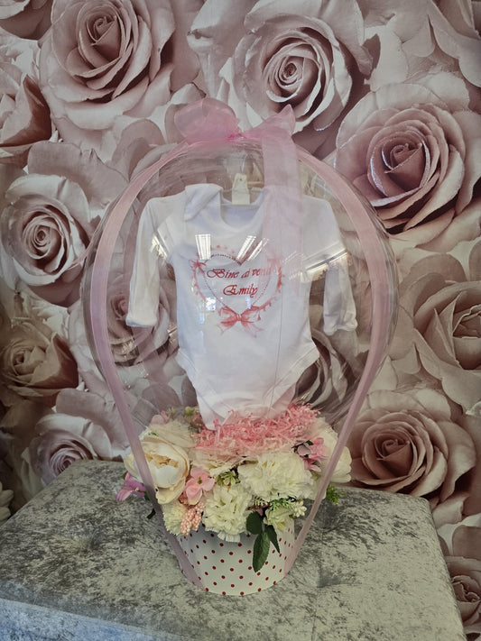 Personalized Baby Welcome Gift – Custom Bodysuit in Balloon Dome with Floral Base | Newborn, Baby Shower & Christening Present