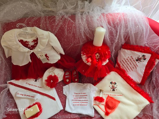 Personalized Baby Girl Christening Set – Red & White Minnie Theme | Custom Outfit, Candle, Towels & Accessories
