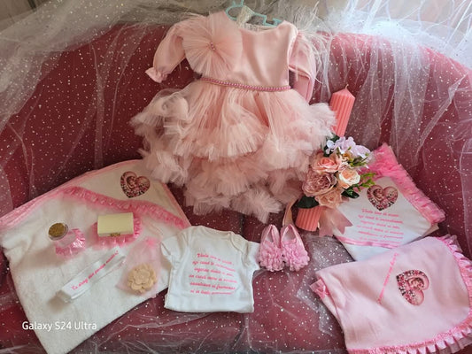 Personalized Baby Girl Christening Set – Luxury Pink Outfit, Candle, Towels & Accessories | Baptism Gift with Name & Date