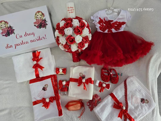 Personalized Baptism Gift Set – Red & White Theme | Custom Baby Outfit, Towel Set, Candle & Keepsake Box | Christening / Naming Day Present from Godparents