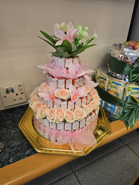 Candy Gift Cake – Handmade Kinder Chocolate Arrangement with Flowers & Ribbon | Sweet Gift for Birthday, Baby Shower, Christening or Wedding