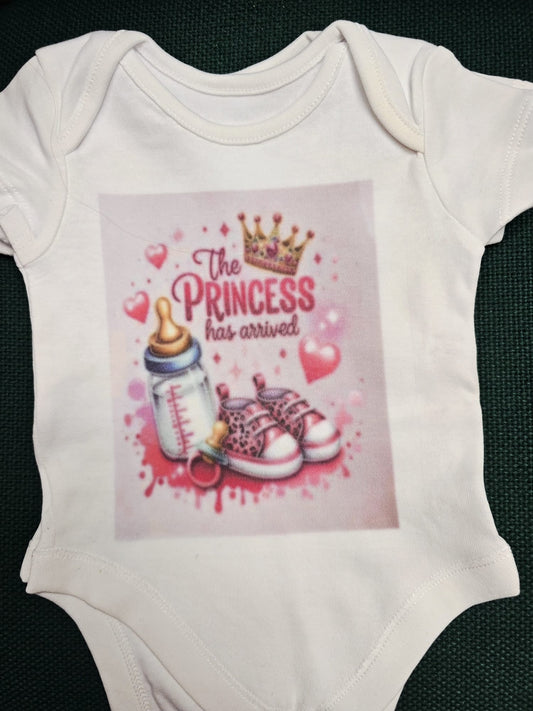 Baby Girl Bodysuit – "The Princess Has Arrived" Printed Romper | Newborn Outfit, Baby Shower Gift & Photo Prop