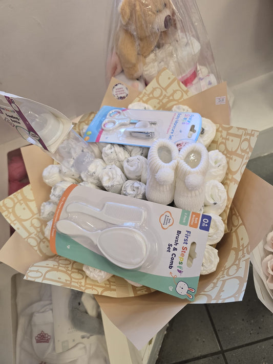 Newborn Baby Gift Set Bouquet – Baby Essentials with Booties, Bottle & Grooming Kit | Baby Shower or New Arrival Present