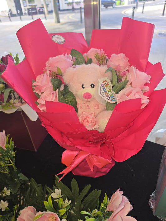 Teddy Bear & Pink Rose Bouquet – Baby Shower & Newborn Gift