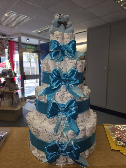 Baby Boy Diaper Cake – 3-Tier Nappy Cake with Blue Bows & Teddy Bear | Baby Shower or Newborn Gift