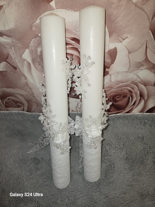 Decorative White Candle Pair with Lace & Pearl Embellishments | Wedding, Baptism or Special Occasion