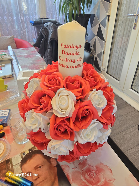 Personalized Baptism Candle with Rose Arrangement – Custom Name & Message | Christening or Religious Celebration