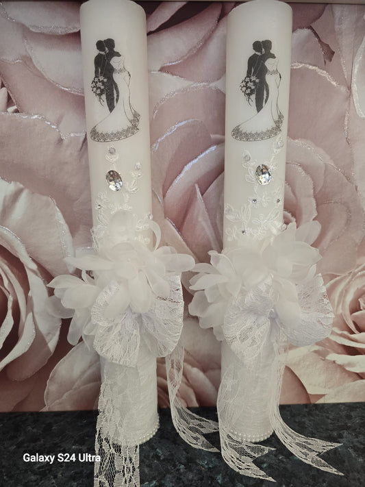 Wedding Candle Pair with Bride & Groom Design – Decorative Lace & Floral Unity Candles | Ceremony & Anniversary Gift