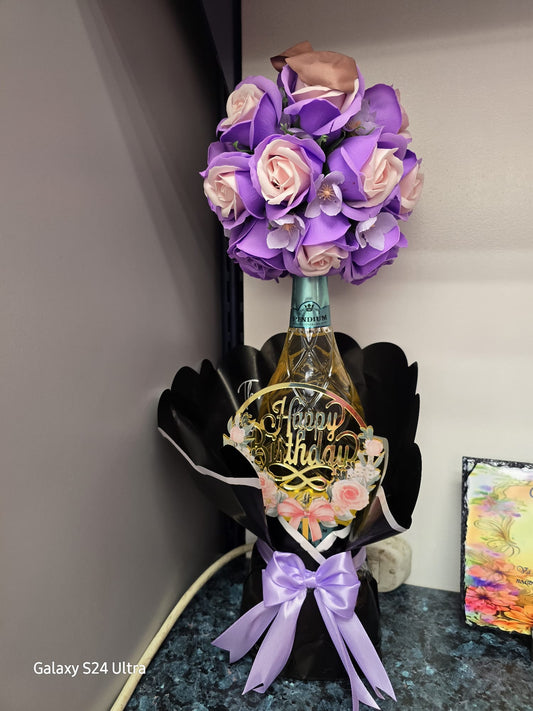 Happy Birthday Gift Bottle with Purple Rose Arrangement & Satin Bow | Celebration & Luxury Present