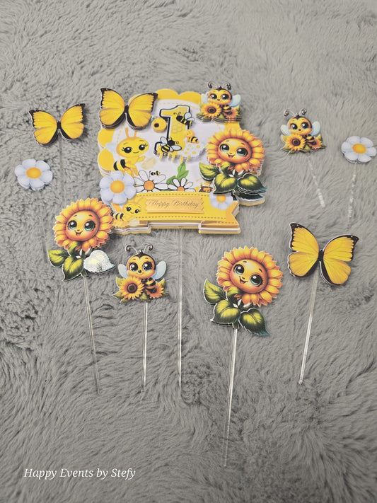 ✨ *Adorable 1st Birthday Cake Topper Set – Sunflowers, Bees & Butterflies Theme* ✨